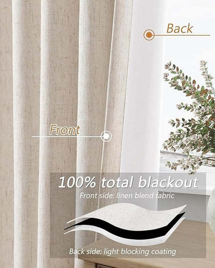 Guken Beige Cream Linen Blackout Curtains 42 Inch Wide by 84 Inch for Living Room Bedroom Back Tab Thermal Insulated 100% Black Out Linen Drapes Room Darkening Window Curtains