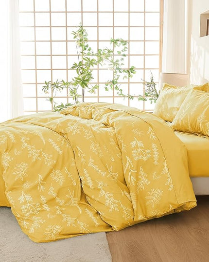 MUXHOMO Bright Yellow Bed in a Bag Queen 7 Pieces, Queen Comforter Set Reversible Botanical Flowers Design, Ultra Soft & Breathable Bedding Sets with Comforter, Sheets, Pillowcases & Shams