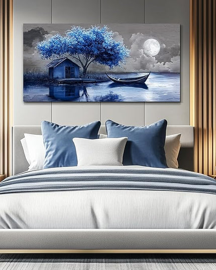 XIGUANGART Tree of Life Large Wall Art for Living Room Blue Boat and House Picture Paintings Abstract Art Prints Modern Nature Scenery Artwork Wall Decor for Bedroom Bathroom Office Home Decoration
