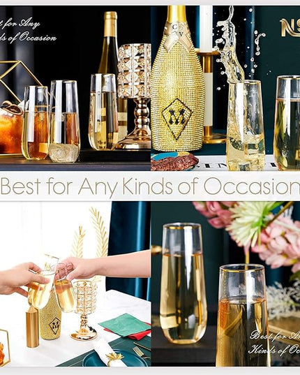 N9R 12PCS Plastic Champagne Flutes, 9 oz Stemless Disposable Gold Rim Toasting Glasses, Crystal Clear Cocktail Cups Drinkware Shatterproof Ideal for Party Wedding Birthday