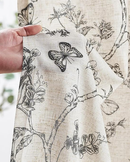 Lazzzy Linen Floral Farmhouse Curtains Black Curtains 90 Inch Length Drapes for Living Room Bedroom Pattern Light Filtering Country Vintage Curtain Grommet Top, 2 Panels, Black on Beige