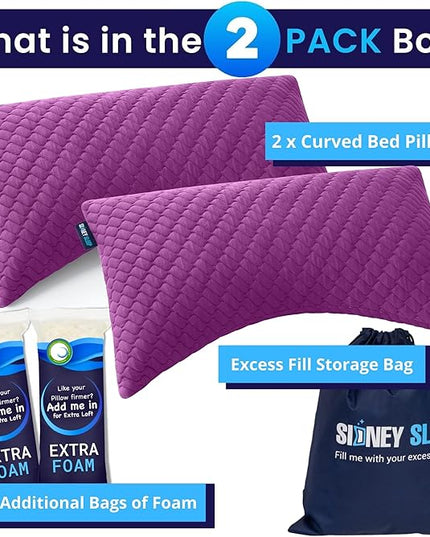 Sidney Sleep Set of 2 Queen Size Adjustable Bed Pillows for Side and Back Sleepers - Memory Foam Pillows for Neck and Shoulder Support - Customizable Loft - Extra Foam Included (Magenta)