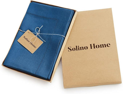 Solino Home Linen Napkins Set of 4 - Classic Hemstitch 100% Pure Linen Indigo Blue Dinner Napkins Cloth 20 x 20 Inch for Christmas, New Year - Handcrafted and Machine Washable
