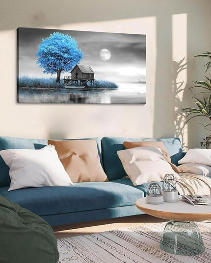 JEAWA Landscape Canvas Wall Art Decor - Blue Gray Wall Art for Bathroom Bedroom Study Dining Room, Winter Wall Art Canvas Paintings, Moon Pictures Wall Decor, Tree Art Wall Decor, 20x40 IN