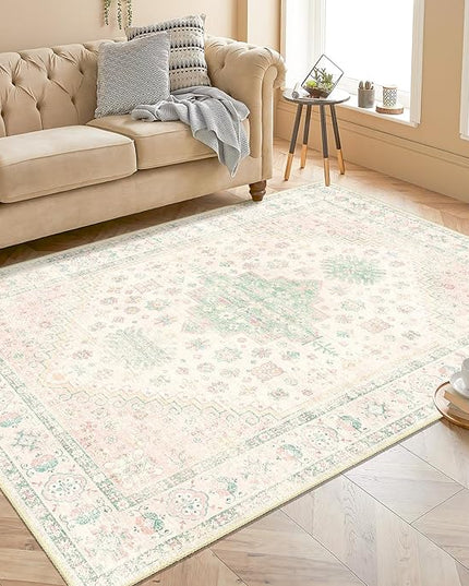 MUJOO Washable Rug 4x6.5,Boho Area Rugs for Bedroom Living Room Office Playroom,Small Non Slip Indoor Throw Carpet Low Pile Light Pink and Green