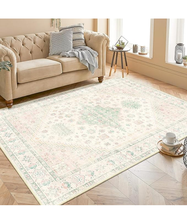 MUJOO Washable Rug 4x6.5,Boho Area Rugs for Bedroom Living Room Office Playroom,Small Non Slip Indoor Throw Carpet Low Pile Light Pink and Green