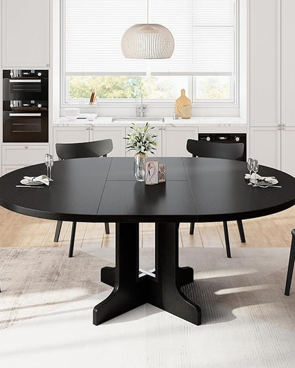 iPormis 59" Extendable Round Dining Table for 4-6, Modern Kitchen Table with Heavy Duty Pedestal Base & Wooden Top, Oval Dinner Table, Dining Room for Dining Living Room, Easy Assembly, Black