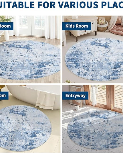 Modern Abstract 6x6 Round Area Rug Non Slip Non Shedding Rug Low Pile Stain Resistant for Bedroom Living Room Office Dining Room,Light Blue