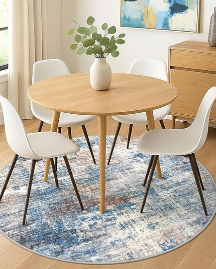 IOHOUZE Abstract Round Area Rug 6 Ft Washable Circle Rugs Large Round Rug Non Slip Thin Soft Circle Rugs, Printed Faux Wool Floor Carpet for Bedroom Living Room Dining Room Nursery, Blue Rust
