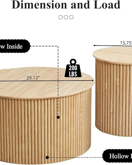 Fluted Round Nesting Coffee Table Set of 2, Mid Century Modern Wood Coffee Table and End Table Set, Minimalist Center Tables Circle Side Table for Living Room, Office(Natural)