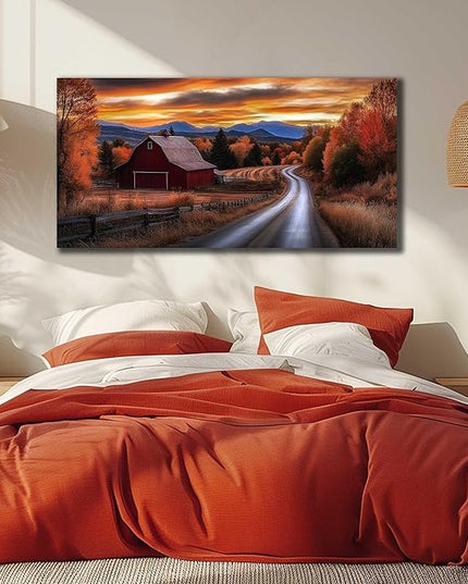 JuhaiArt Fall Wall Decor Red Barn Landscape Wall Art Natural Picture Sunset Scenery Canvas Decor for Living Room Bedroom Rustic Poster 24" x 48"