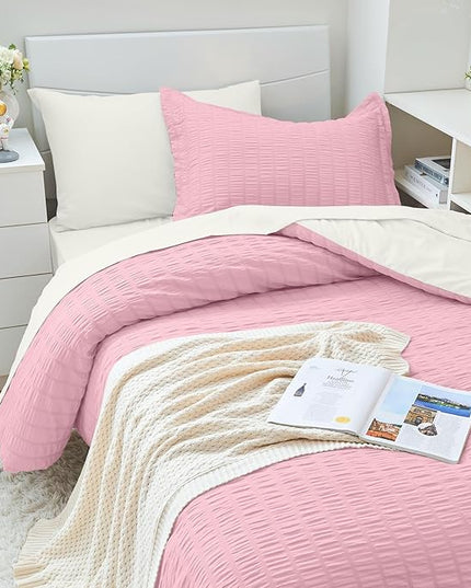 HYMOKEGE Pink/Ivory Twin XL Comforter Set Seersucker 5 Pieces, All Season Luxury Bed in a Bag for Bedroom, Bedding Set with Comforter, Sheets, Pillowcase & Sham