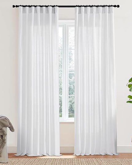 XTMYI 92 Inch Curtains Length 2 Panels Set,Back Tab Linen Sheer Window Curtains Living Room Bedroom,50x92 in Long,White