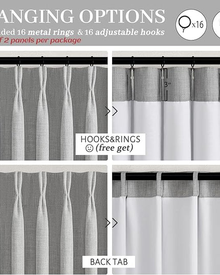 Light Grey Linen Dual Layer Curtains 102 Inches Long Panels 2 Set for Office, Blackout Memory Shape Pinch Pleated Thermal Noise Reducing Neutral Windows Curtain & Drapes with Hooks 8-1/2 FT Length