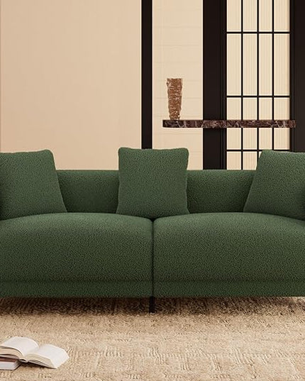 Morden Fort Modern Cloud Couch - 3 Seater Sherpa Boucle Sofa with Wood Legs, Ultra-Thick High Resilience Cushion with 3 Matching Pillows Upholstered Comfy Couch Sofa for Living Room - Forest Green