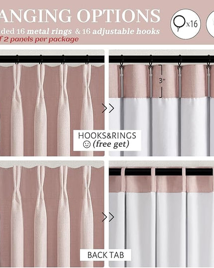 Elegant Blush Pink High Blackout High Ceiling Curtains 102 Inches Long for Sliding Glass Doors, Memory Trained Pinch Pleat Dual Layer Thick Linen Thermal Sound Dampening Modern Window Drapes 2 Panels