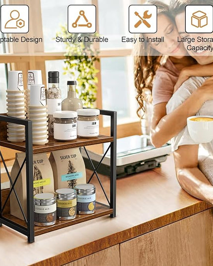 Giikin Kitchen Countertop Organizer, 2 Tier Spice Rack Organizer for Pantry, Kitchen Counter Shelf Wood Coffee Station Organizer (Brown, M)