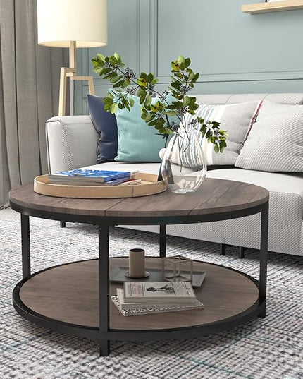 NSdirect Round Coffee Table,36" Coffee Table for Living Room,2-Tier Rustic Wood Desktop with Storage Shelf Modern Design Home Furniture(Light Walnut)