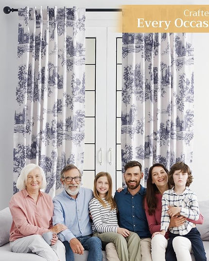 Maison d' Hermine Curtains for Living Room 100% Cotton 84 inch Length One Panel Light Filtering Toile Curtains for Bedroom Windows with Rod and Loop Pockets Drapes (Trianon Blue, 50" W x 84" L)