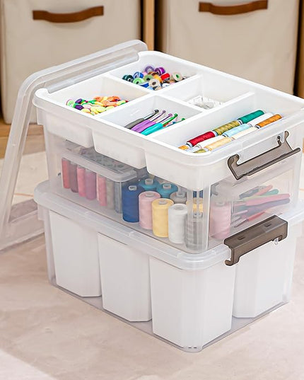 Citylife 17 QT Plastic Storage Box with Removable Tray and 6 Detachable Tall Inserts Craft Organizers and Storage Clear Storage Container for Organizing Crayon, Craft, Sewing, Playdoh, 2 Packs