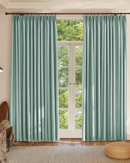 Textured Linen Pencil Pleated 100% Blackout Curtains for Bedroom/Living Room Blackout Curtains 120 Inches Long, Energy Saving Window Treatment Curtains,120Wx120Lx2,Green