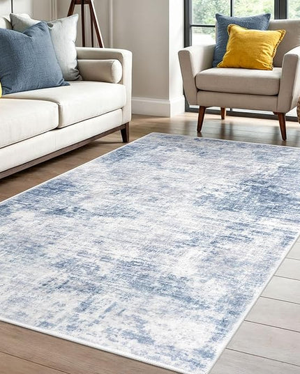 IOHOUZE Abstract Area Rug 4x6 Ft Washable Rugs for Entryway Indoor, Non Slip Small Living Room Rugs Printed Faux Wool Throw Rug, Floor Carpet for Kitchen Nursery Playroom, Light Blue White