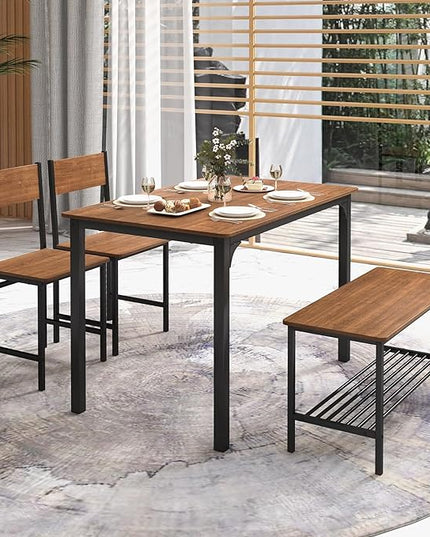 COSTWAY Dining Table Set for 4, Rectangular Kitchen Table Set with Bench and 2 Chairs, Storage Rack & Metal Frame, 4-Piece Dining Room Table and Chairs Set for Small Space, Apartment (Brown)