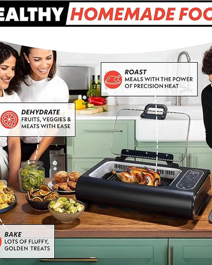 Gourmia Smokeless Indoor Grill & Air Fryer with Recipe Book – Electric Grill for Indoor Use, 5‑in‑1 Countertop Cooker, Cast-Iron Grate, 1650W, Glass Lid, Dishwasher-Safe Plates