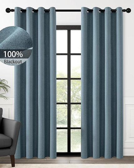 ChrisDowa 100% Blackout Blue Solid Curtains 96 Inches Long 2 Panels for Bedroom Living Room,Farmhouse Room Darkening Thermal Insulated Soundproof Grommet Top Window Treatment Drapes,52x96