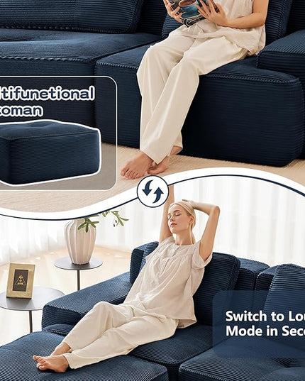 Hommoo Oversized Modular Sectional Sofa, 8 Seat Sleeper Sofa Bed, Comfy Corduroy Couch with Deep Seat, 153”Convertible Boneless Couch with Ottoman for Living Room No Assembly Required Blue