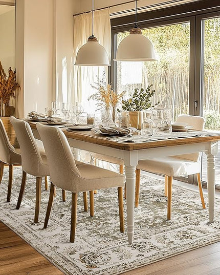 jinchan Fiora Washable Area Rug 5x7 Ultra-Thin Low Pile Non Slip Stain Resistant Soft Faux Wool Floral Distressed Vintage Carpet for Bedroom, Living Room, Dining Room, Kitchen, Nursery(Taupe, 5' x 7')