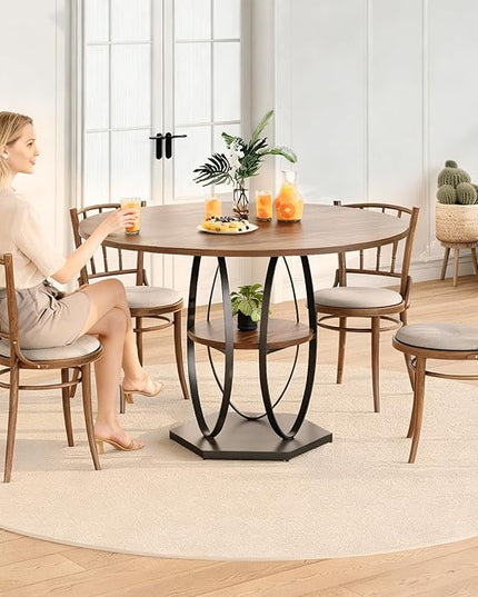 Round Dining Table for 4, 3-Tier Dinner Room Tables with Storage Shelf, Space Saving Small Kitchen Table, Farmhouse Dinner Table with Wooden Tabletop and Hexagonal Base (Walnut, 42inch)
