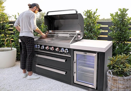 Mont Alpi MAi805-BSSFC 44-inch 6 Burner Black Stainless Steel Modular Outdoor Kitchen Island BBQ Grill with Fridge Cabinet + Side Burner + Granite Countertops + Rotisserie Chopping Board & Grill Cover
