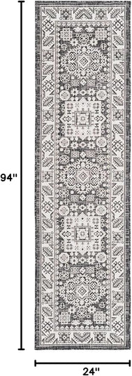Rugs.com Outdoor Aztec Collection Rug – 8 Ft Runner Charcoal Gray Flatweave Rug Perfect for Hallways, Entryways