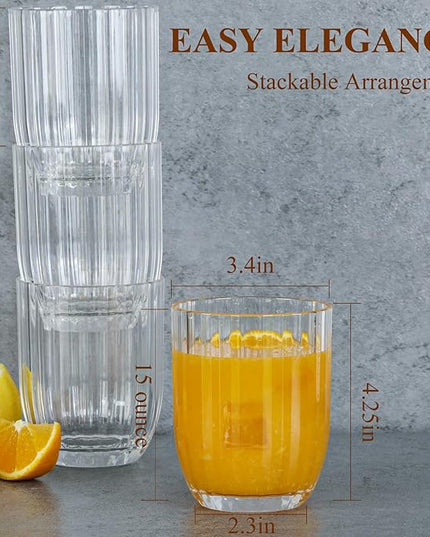 Acrylic Clear Highball Plastic Cups | Plastic Reusable Tumblers 15oz (Set of 6) | Stackable | BPA-free Tumblers | Shatterproof | Top-rack Dishwasher Safe
