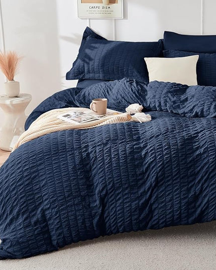 HYMOKEGE Navy Blue Queen Comforter Set Seersucker 7 Pieces, All Season Luxury Bed in a Bag for Bedroom, Bedding Set with Comforters, Sheets, Pillowcases & Shams
