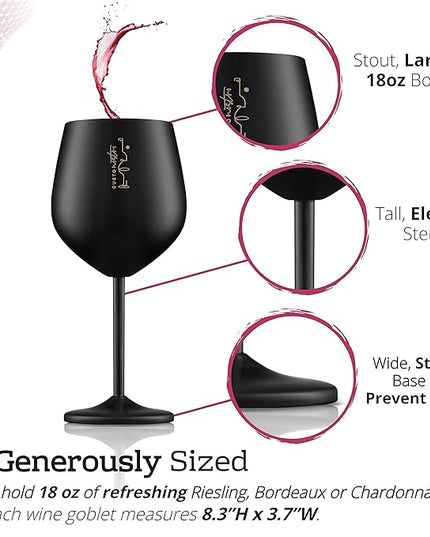 Gusto Nostro Stainless Steel Wine Glass - 18 oz - Unbreakable Black Wine Glasses for Travel, Camping and Pool - Fancy, Unique and Cool Portable Metal Wine Glass for Outdoor Events, Picnics (Set of 2)