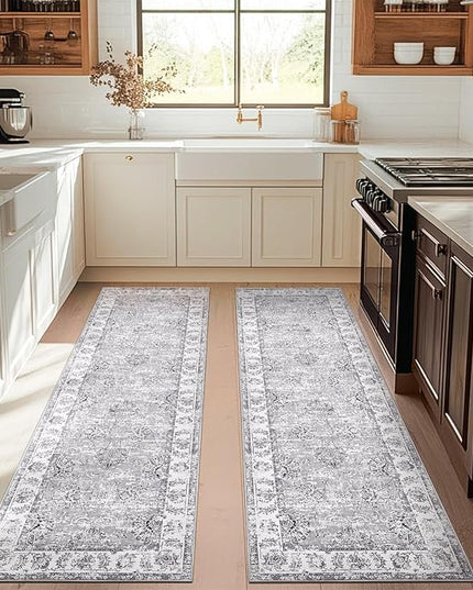 jinchan Fiora Runner Rug 3x10-2pcs Kitchen Washable Vintage Hallway Rug Floral Print Floor Cover Indoor Thin Retro Mat Accent for Bathroom Laundry Room Bedroom Office Farmhouse (Double, Grey)