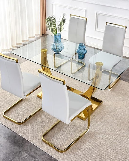 63” Glass Dining Table Set for 4,Gold Dining Room Table Set for 4,Modern Kitchen Table and PU Leather Chairs for 4, Rectangle Tempered Glass Top and Golden Base