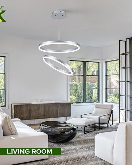 2-Rings Modern LED Chandelier Silver for Dining Room, Circular Flush Mount Ceiling Chandelier Light Dimmable Pendant Light with Remote Control for Living Room Entrance Foyer, 3000K-6500K
