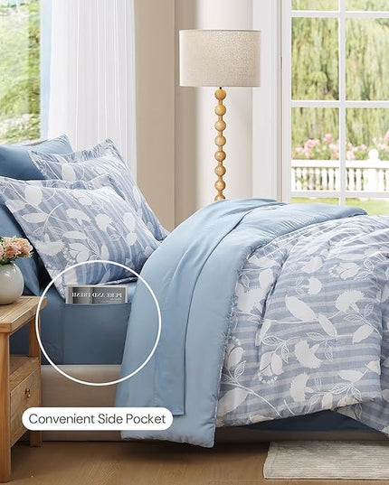 King Comforter Set -7 Pieces Blue Floral Comforter Set for All Seasons, Bed in a Bag King with Botanical Flowers Comforter, Sheets, Pillowcases & Shams