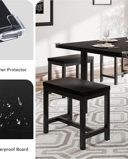 iPormis 7-Piece Dining Table Set with 6 Stools, 63" Extendable Kitchen Table Set for 4-8, Modern Dining Room Table with Sturdy Metal Frame, Space-Saving Dinette, Black