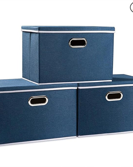 PRANDOM Large Collapsible Storage Bins with Lids [3-Pack] Fabric Foldable Storage Boxes Organizer Containers Baskets Cube with Cover for Home Bedroom Closet Office Royal Blue(17.7x11.8x11.8)