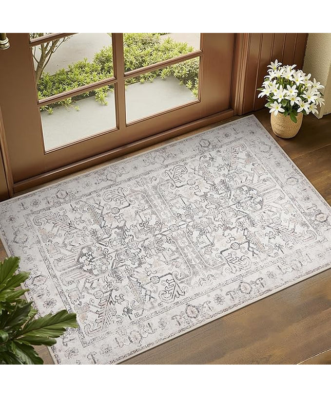 jinchan Lima 2x3 Entryway Washable Rug - Non-Slip Indoor Distressed Doormat Small Rug Low Pile Ultra-Thin Accent Floral Print Indoor Mat for Entrance Kitchen Bathroom Bedroom (2x3ft, Taupe)