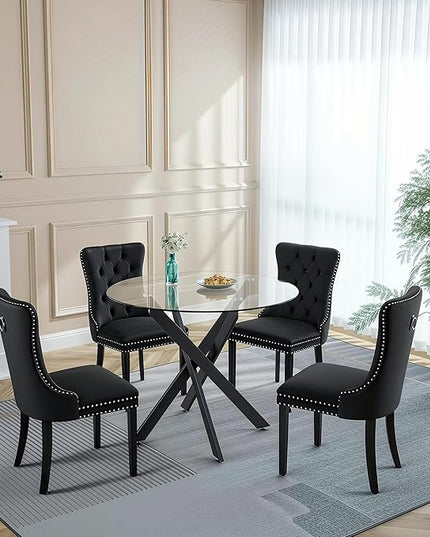 5 Piece Round Glass Dining Table Set for 4, Modern Dining Room Table and Chairs Set, Tempered Glass Top Kitchen Table with 4 Velvet Chairs, Space Saving Dining Set for Small Apartment or Home