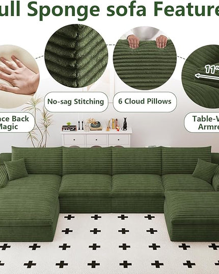 136" Cloud Couch Modular Sectional Sofa for Living Room, U-Shape Boneless Couch with Deep Seat, Modern Corduroy 4-Seater with Ottoman, No Assembly Required (Green,Left-Facing Chaise)