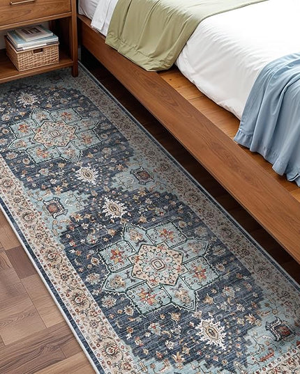 Washable Oriental Hallway Runner Rug - 3x8 Rugs for Living Room Soft Carpet for Bedroom Kitchen Waterproof Floral Distressed Indoor Stain Resistant Non-Shedding Floor Carpets (Blue/Teal/Orange, 3X8)
