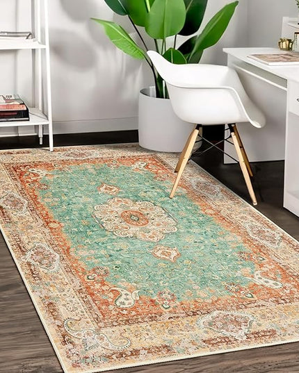 Boho Rug 3x5,Washable Area Rugs for Bedroom Living Room Kitchen Entryway,Small Boho Vintage Bohemian Distressed Farmhouse Non Slip Carpet,Retro Orange Green Floral