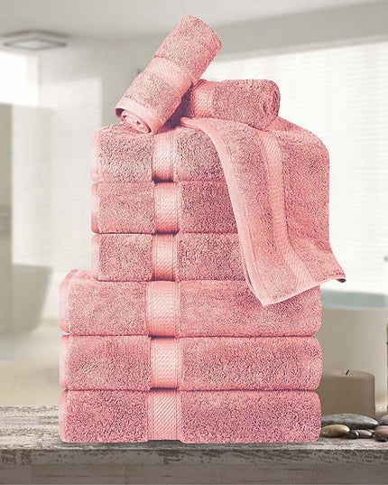 Superior Egyptian Cotton Pile 9 Piece Towel Set, Includes 3 Bath, 3 Hand, 3 Face Towels/Washcloths, Ultra Soft Luxury Towels, Thick Plush Essentials, Guest Bath, Spa, Hotel Bathroom, Tea Rose