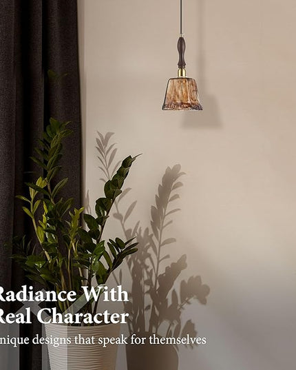 Modern Amber Glass Pendant Light, 4.33"x9.8" Hanging Fixture with Golden Wood Handle & Brass Cap, 15"-72" Adjustable Line, E26 Socket – Golden Amber Square